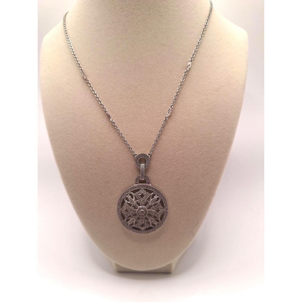 Diamond pendant necklace with diamond stations in sterling silver